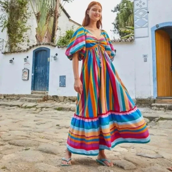 NWT $265 FARM RIO Striped Scarf Maxi Ruffled Dress Sz XS - Picture 4 of 11